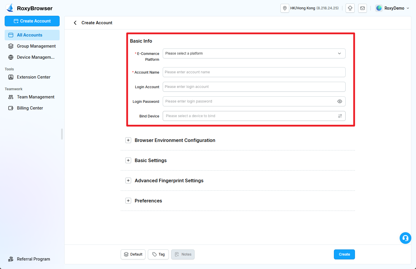 Basic Info fields on the Create Account page