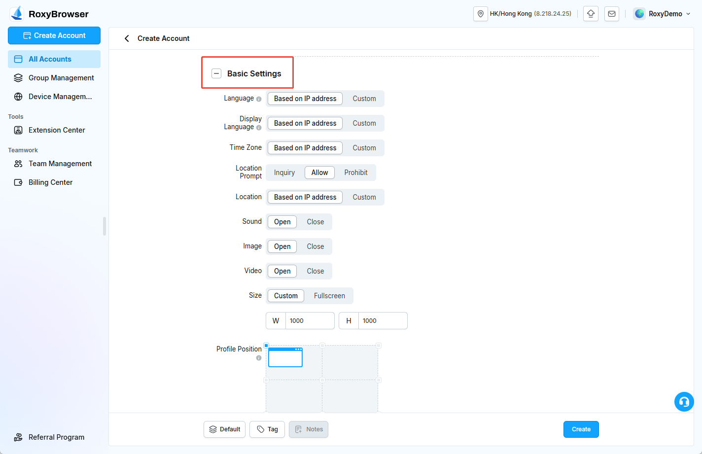Language, time zone, geolocation, and window options under Basic Settings