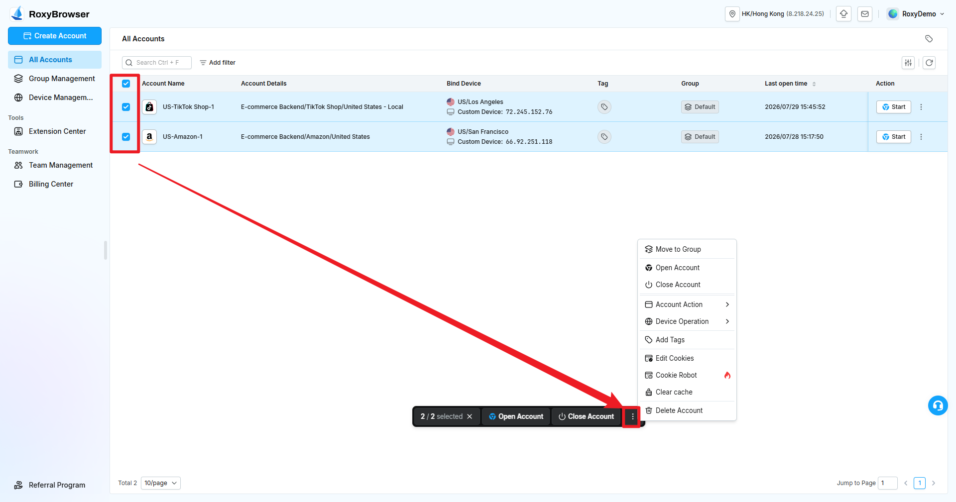 Batch action bar after selecting accounts