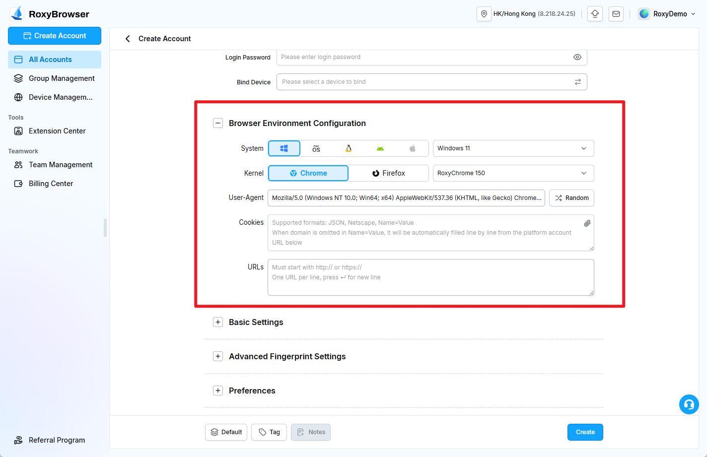 System, Kernel, User-Agent, Cookies, and URLs under Browser Environment Configuration