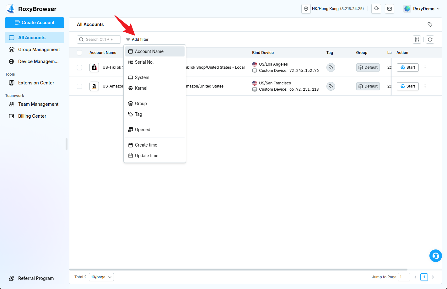 Filter Conditions under All Accounts