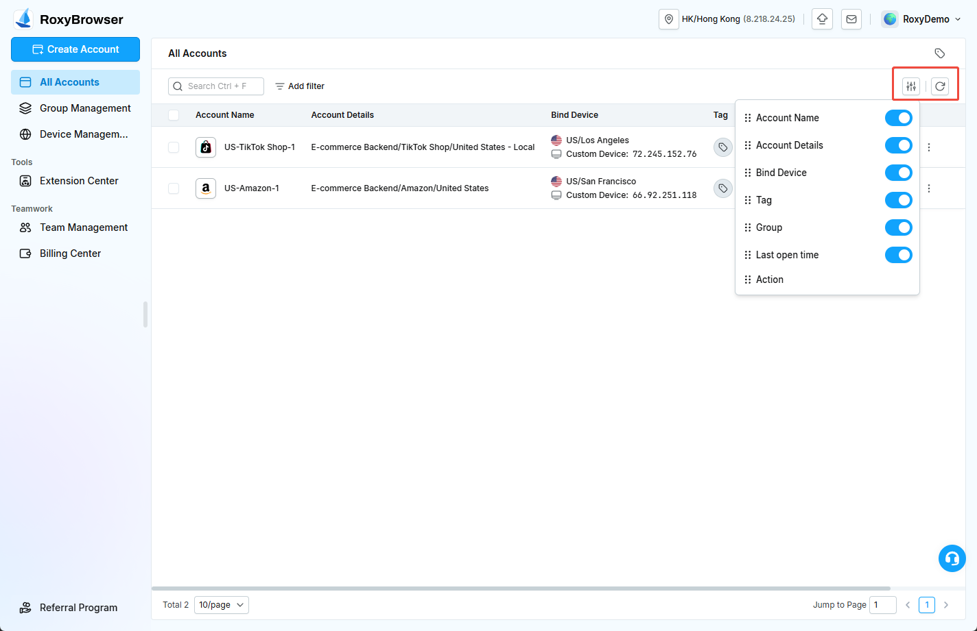 View settings and refresh control under All Accounts