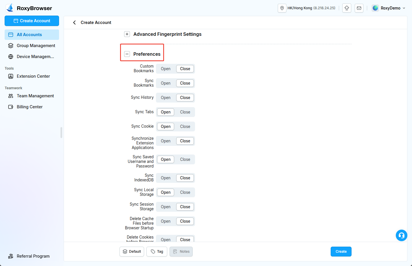 Sync, cache, and network options under Preferences