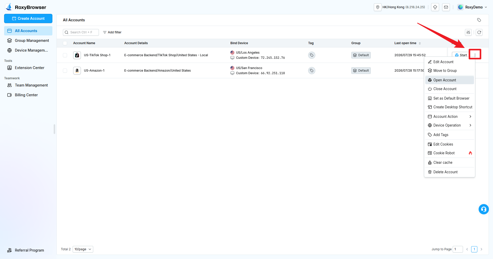 Action menu for one account