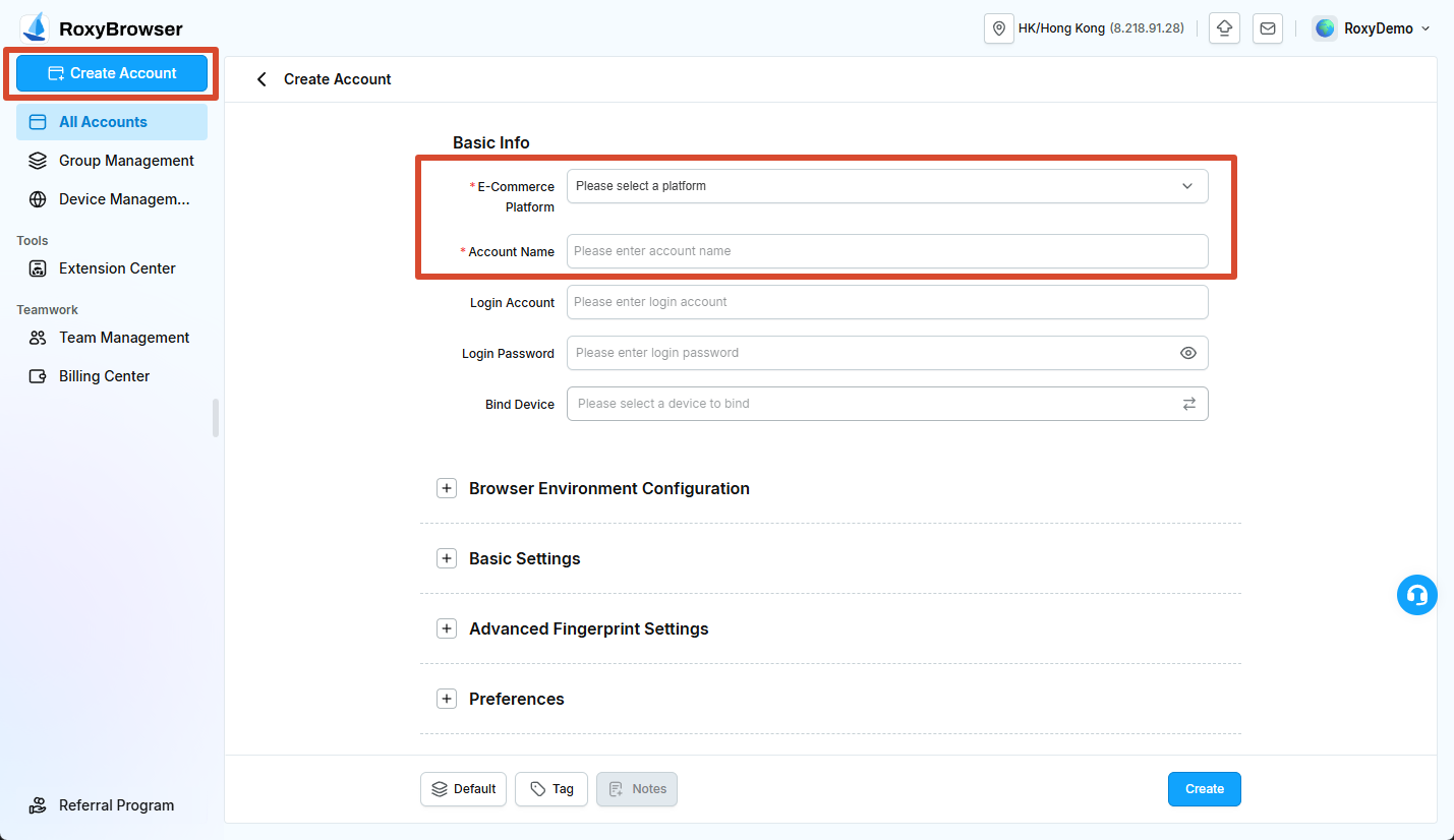 E-commerce Platform, Account Name, and Create button on the Create Account page