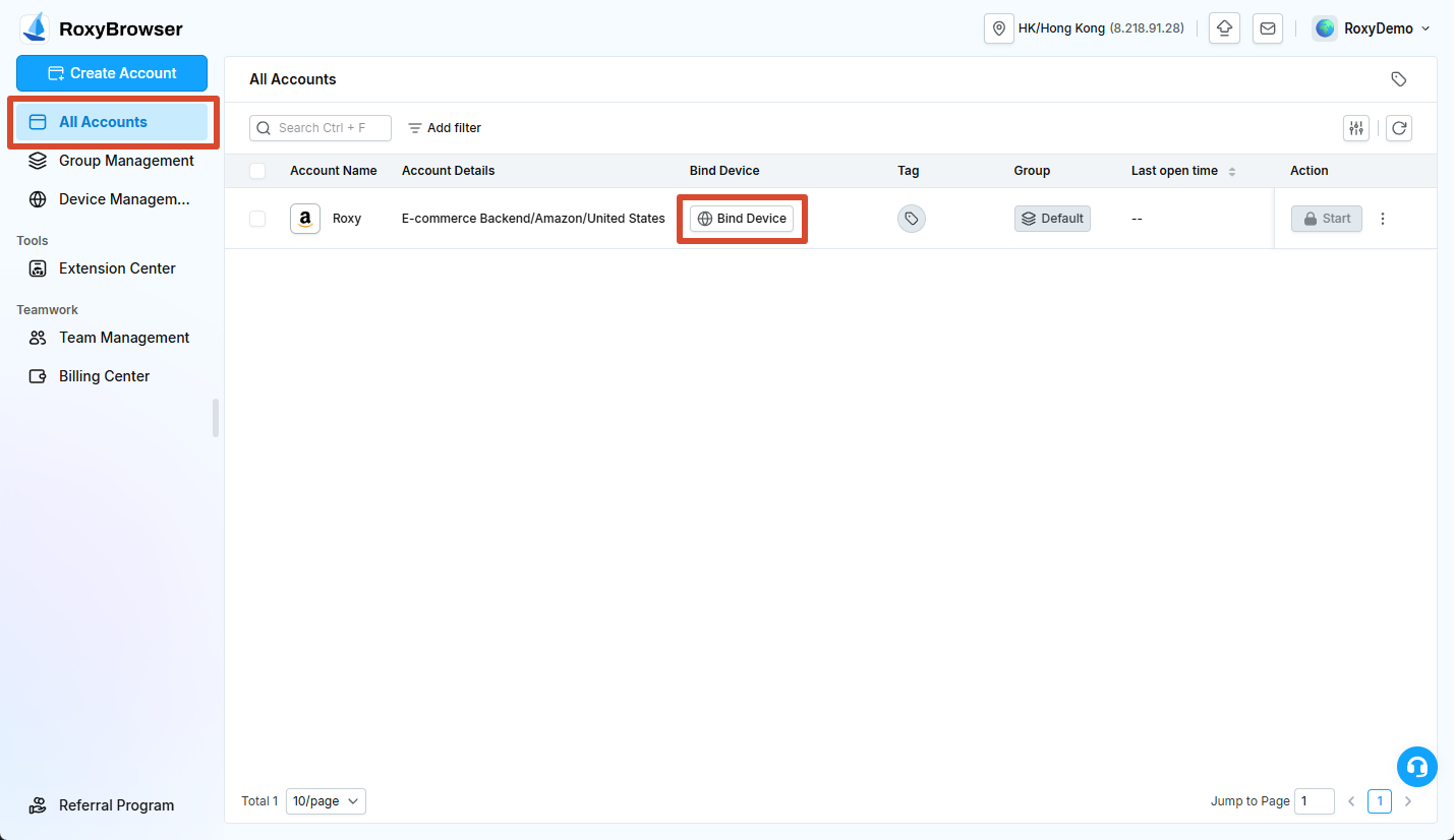 Bind Device entry under All Accounts