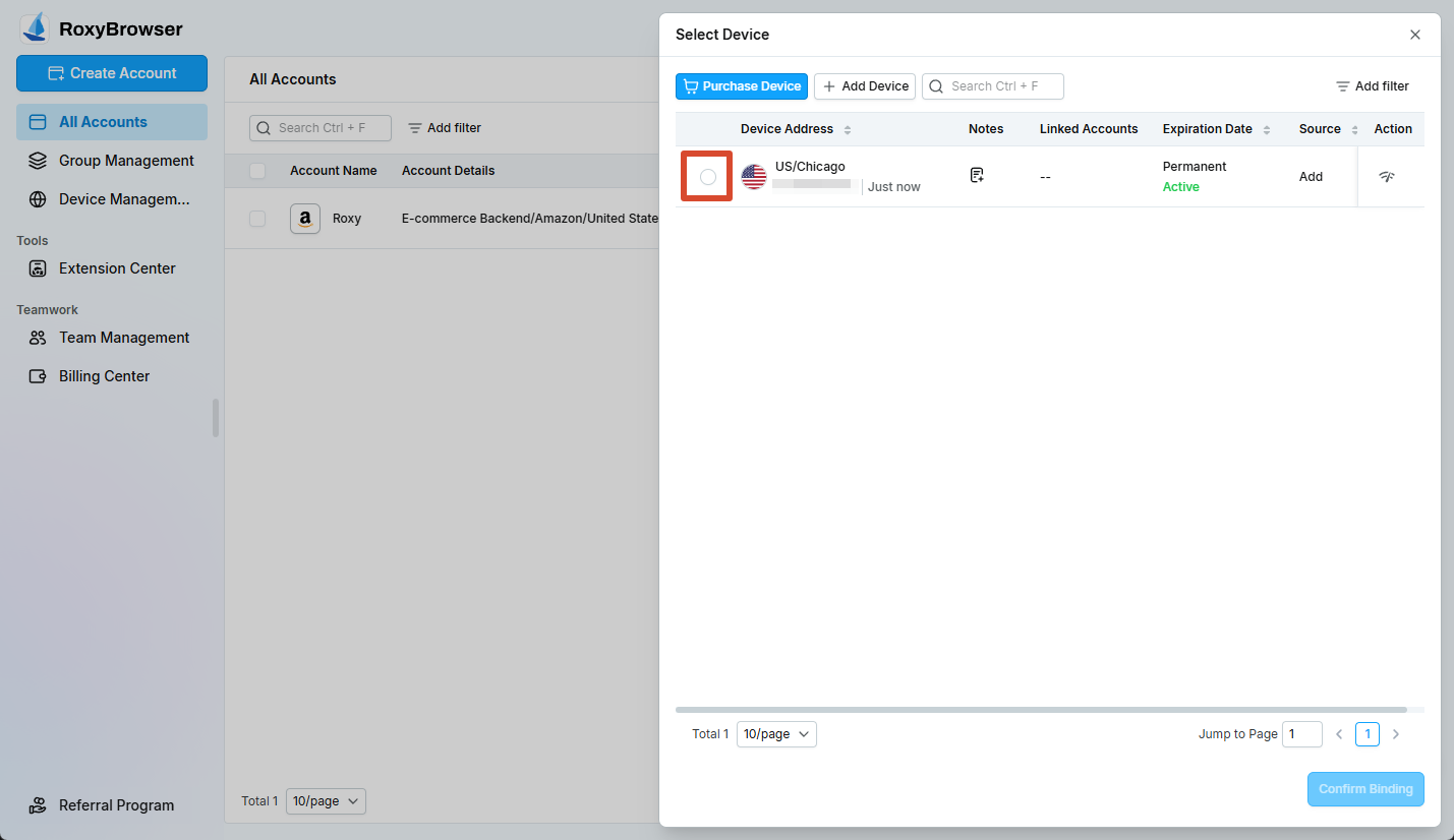 Selecting a device and confirming the binding