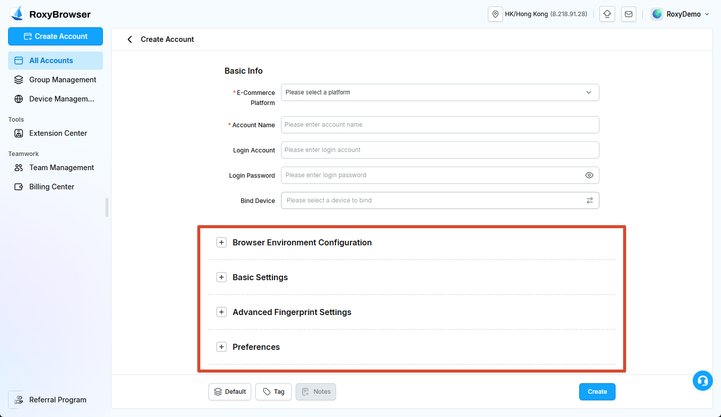 Browser Environment Configuration, Basic Settings, Advanced Fingerprint Settings, and Preferences sections