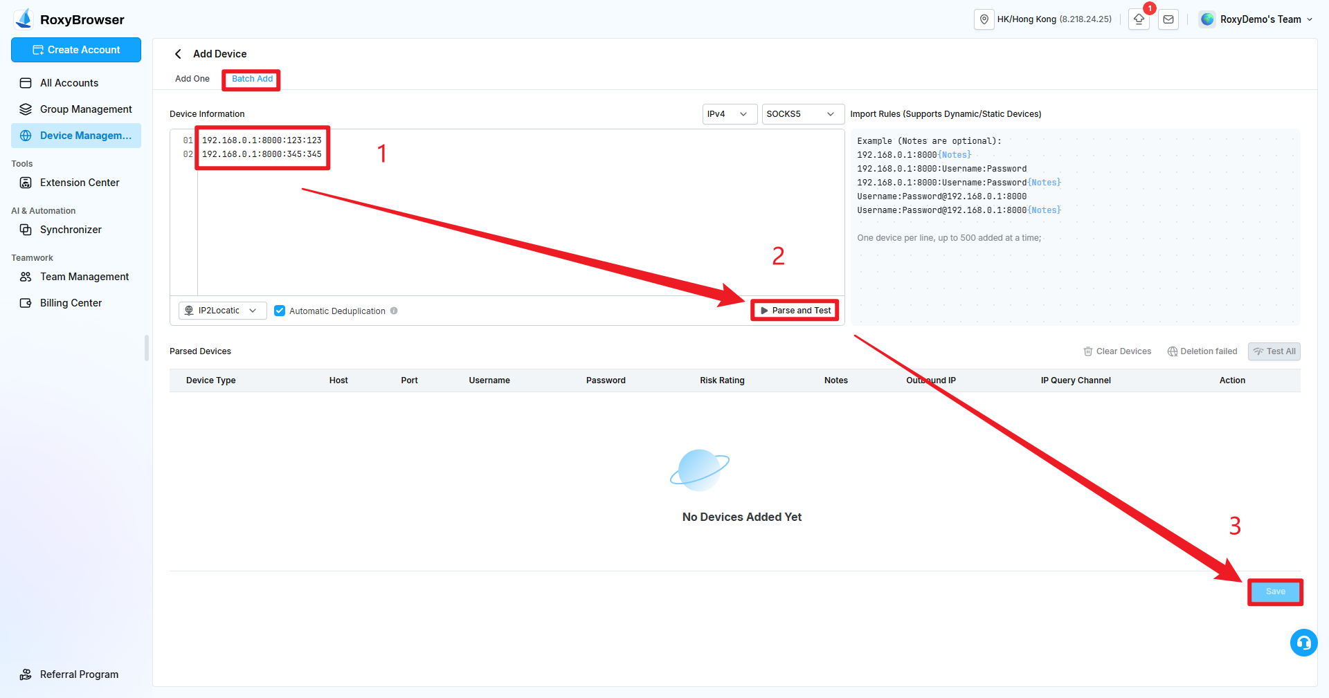 Entering devices, using Parse and Test, and saving under Batch Add