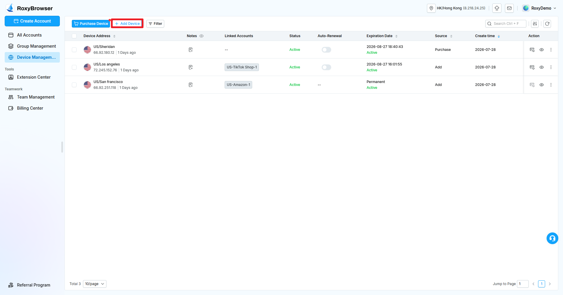 Add Device entry in Device Management