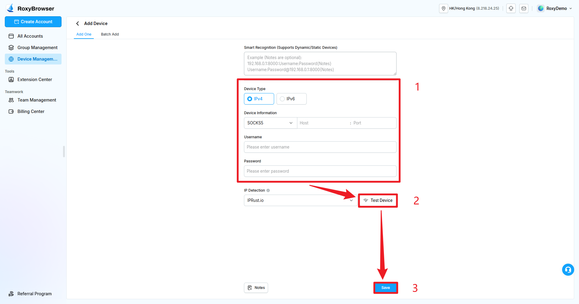 Entering and testing one device manually