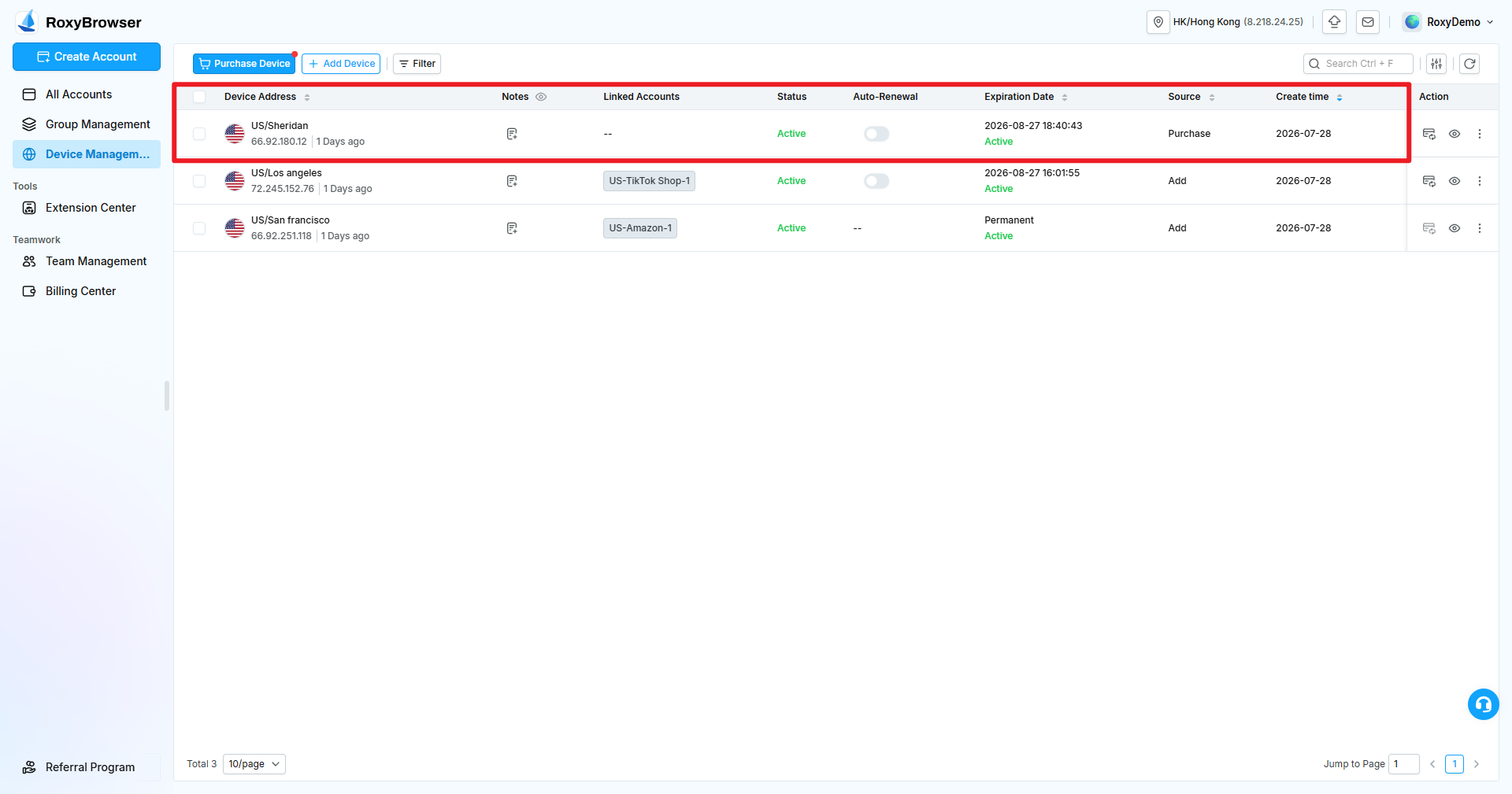Filters, status, and maintenance information in the device list