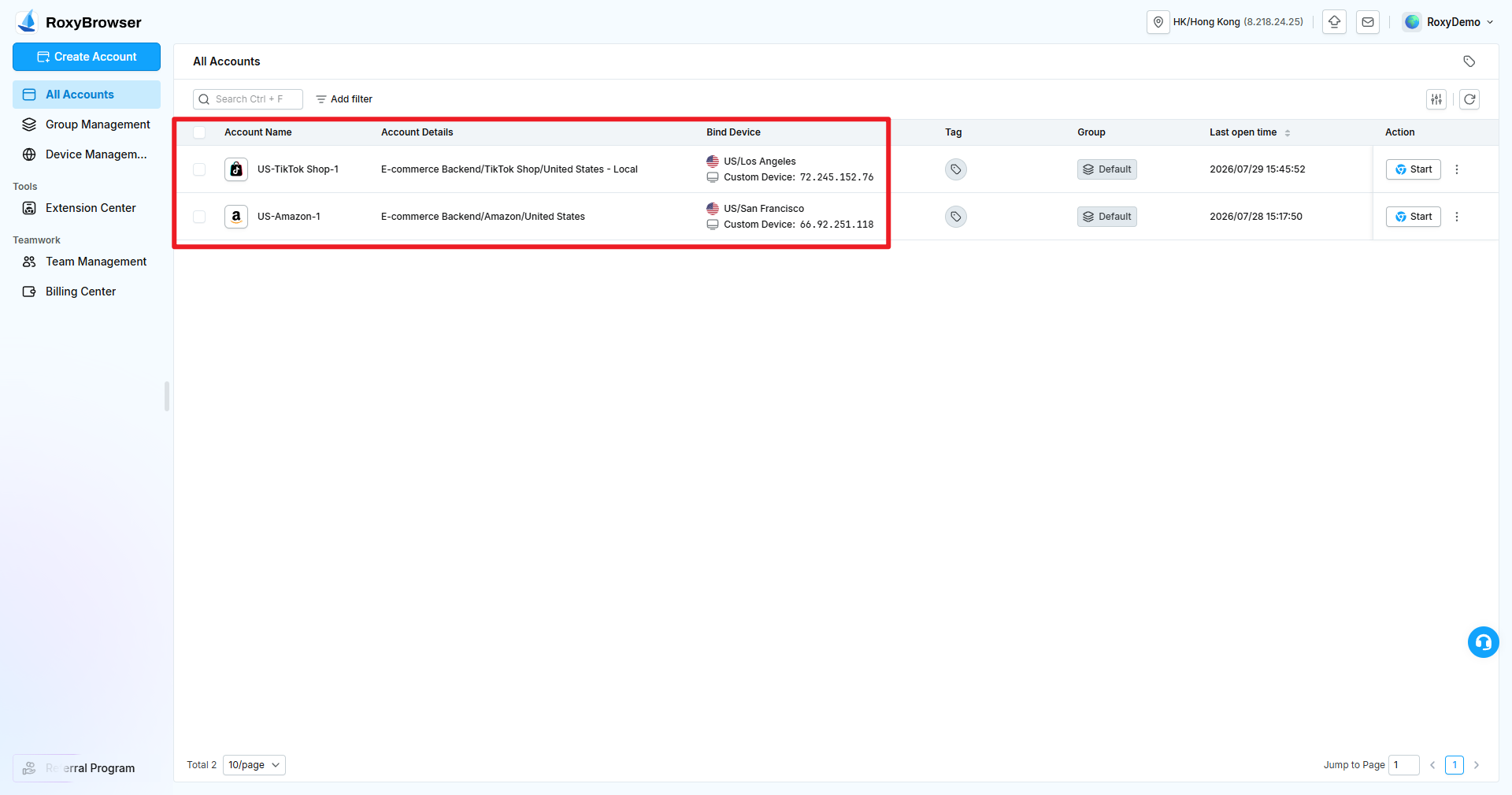 Device address, related accounts, status, and source in Device Management