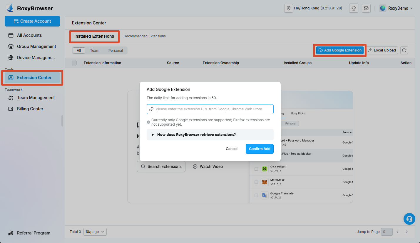 Adding an extension with its Google Store URL
