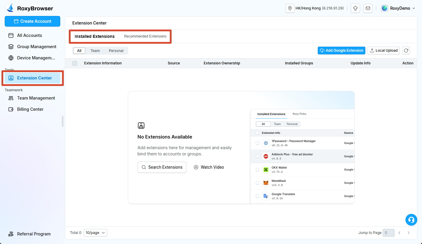 Installed Extensions, Recommended Extensions, Add Google Extension, and Local Upload