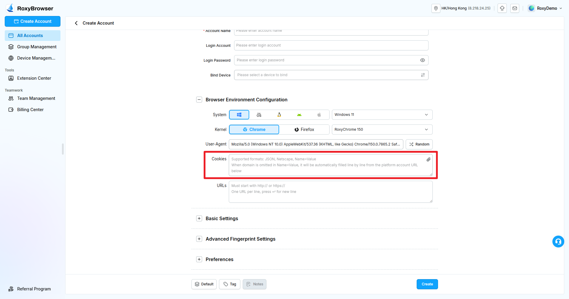Cookies input and supported import formats