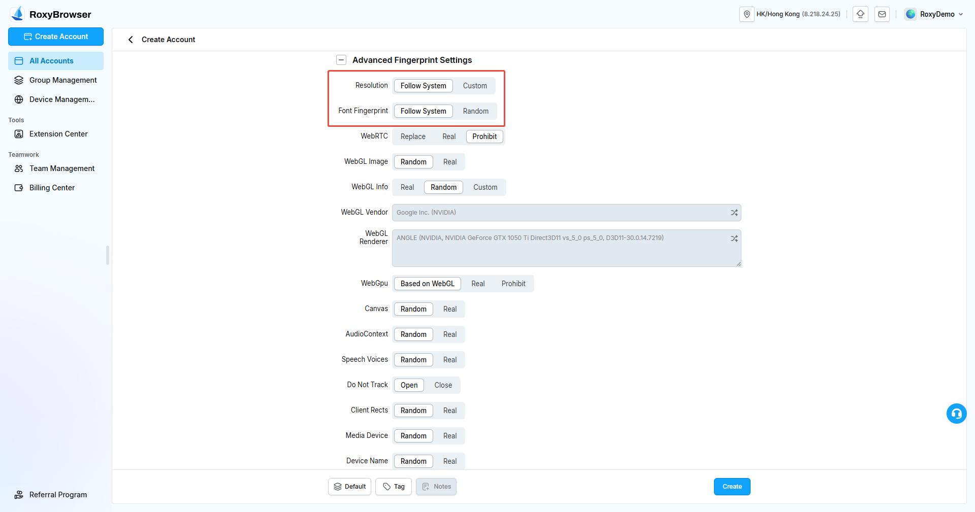 Resolution and Font Fingerprint settings