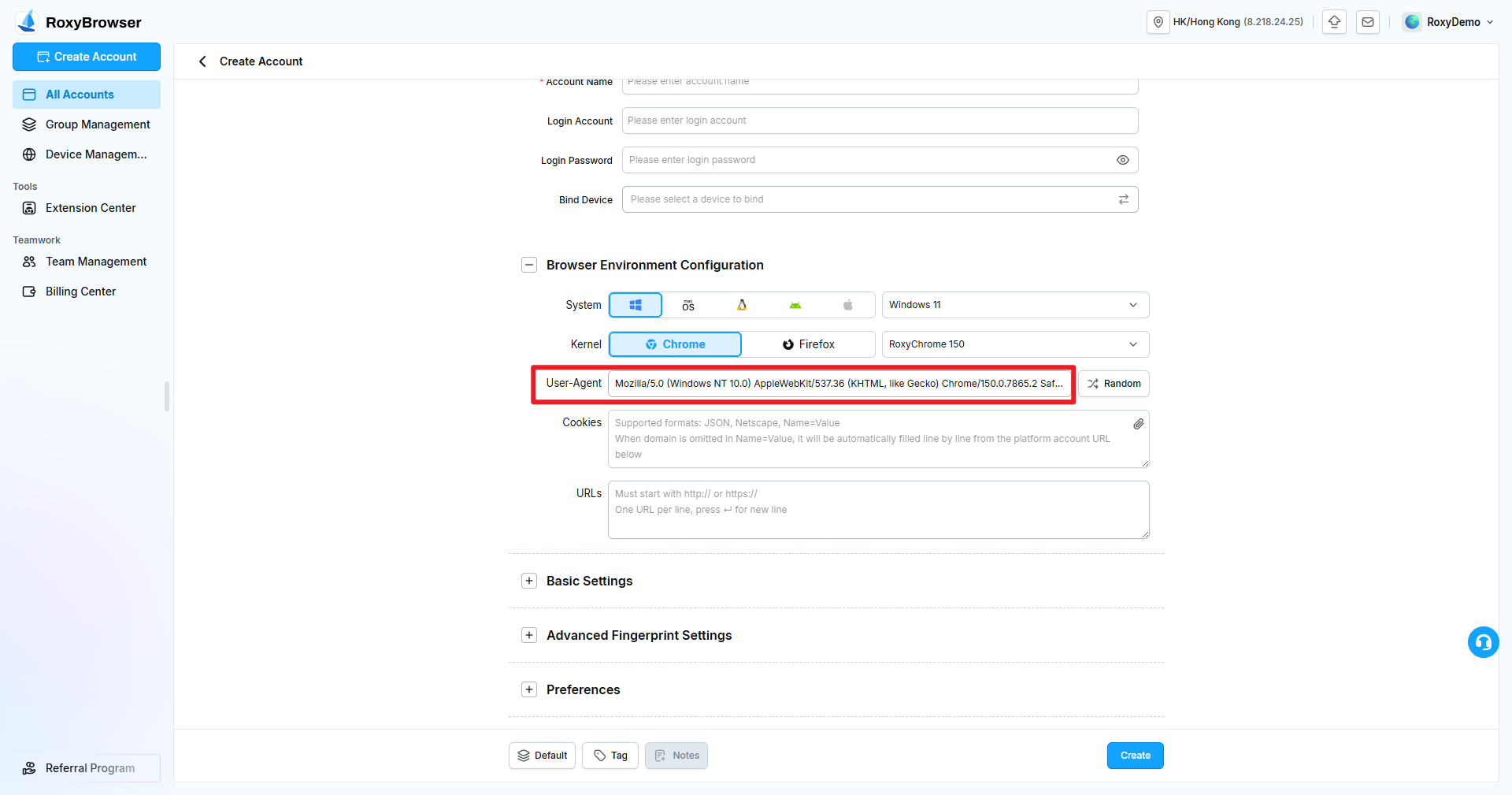 User-Agent under Browser Environment Configuration