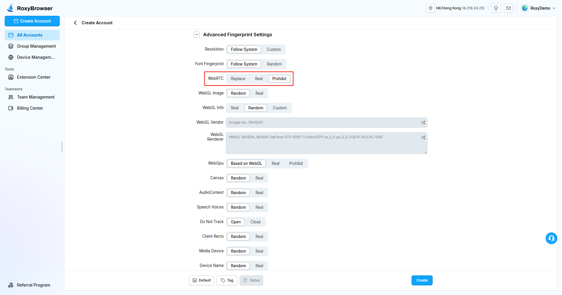 WebRTC mode settings