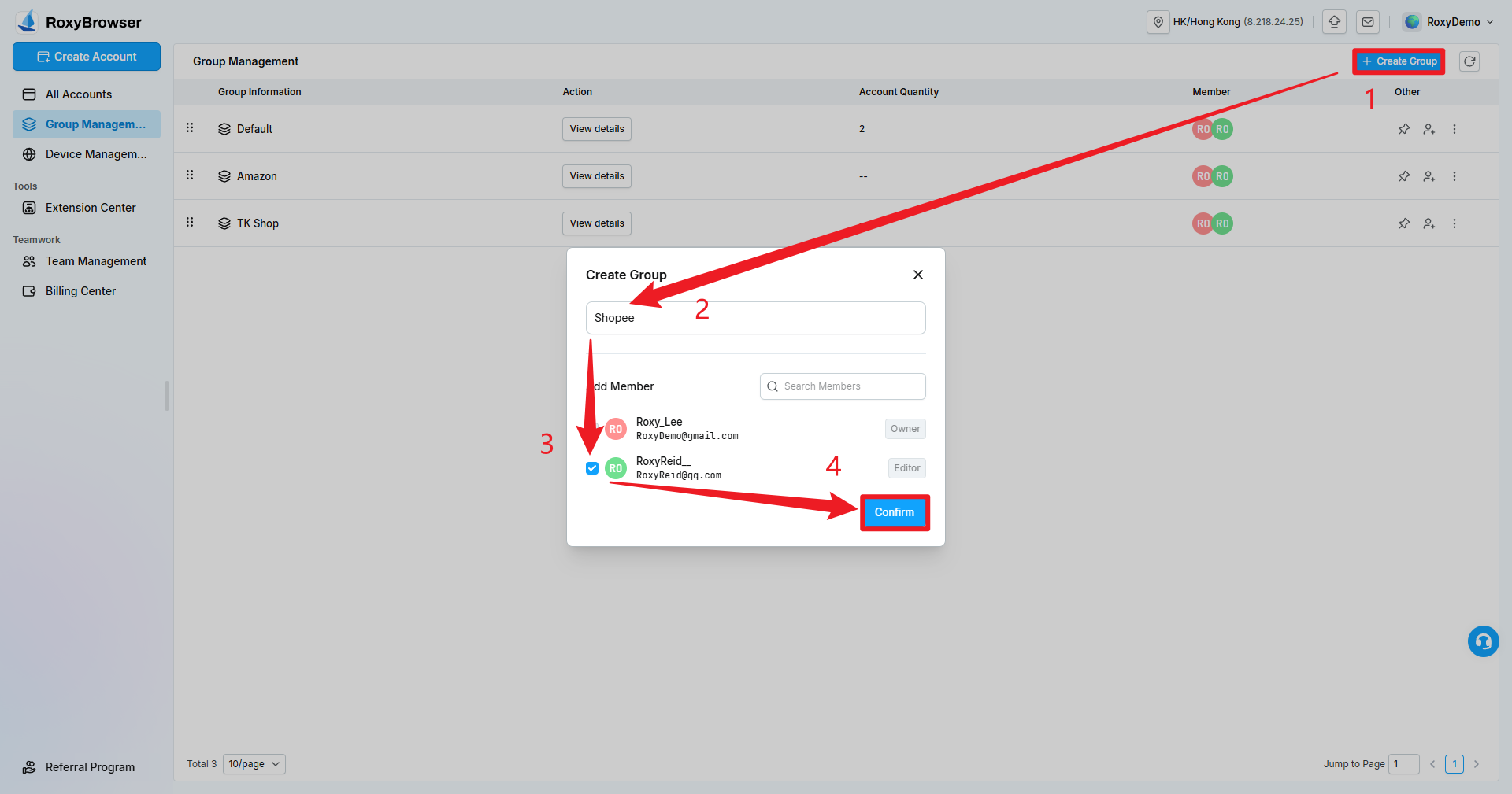 Creating a group and selecting members