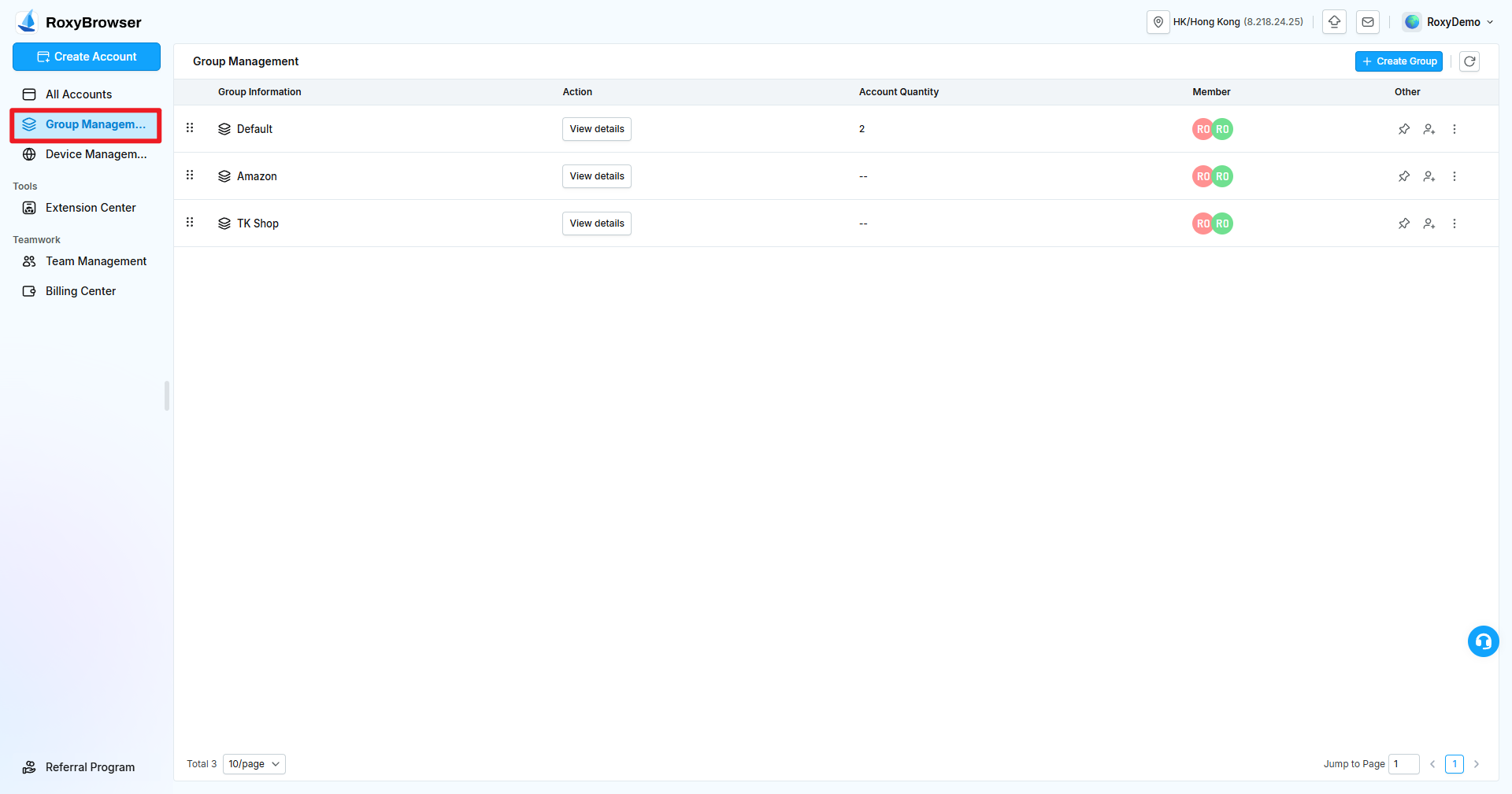 Account count, members, and actions in Group Management