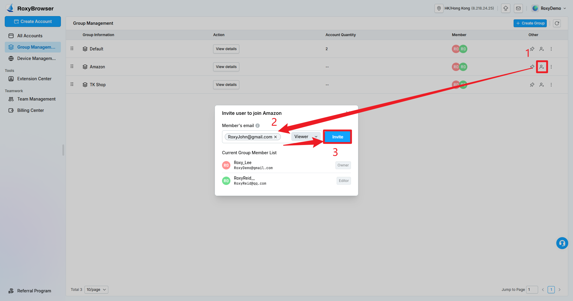 Inviting members to a group and selecting roles