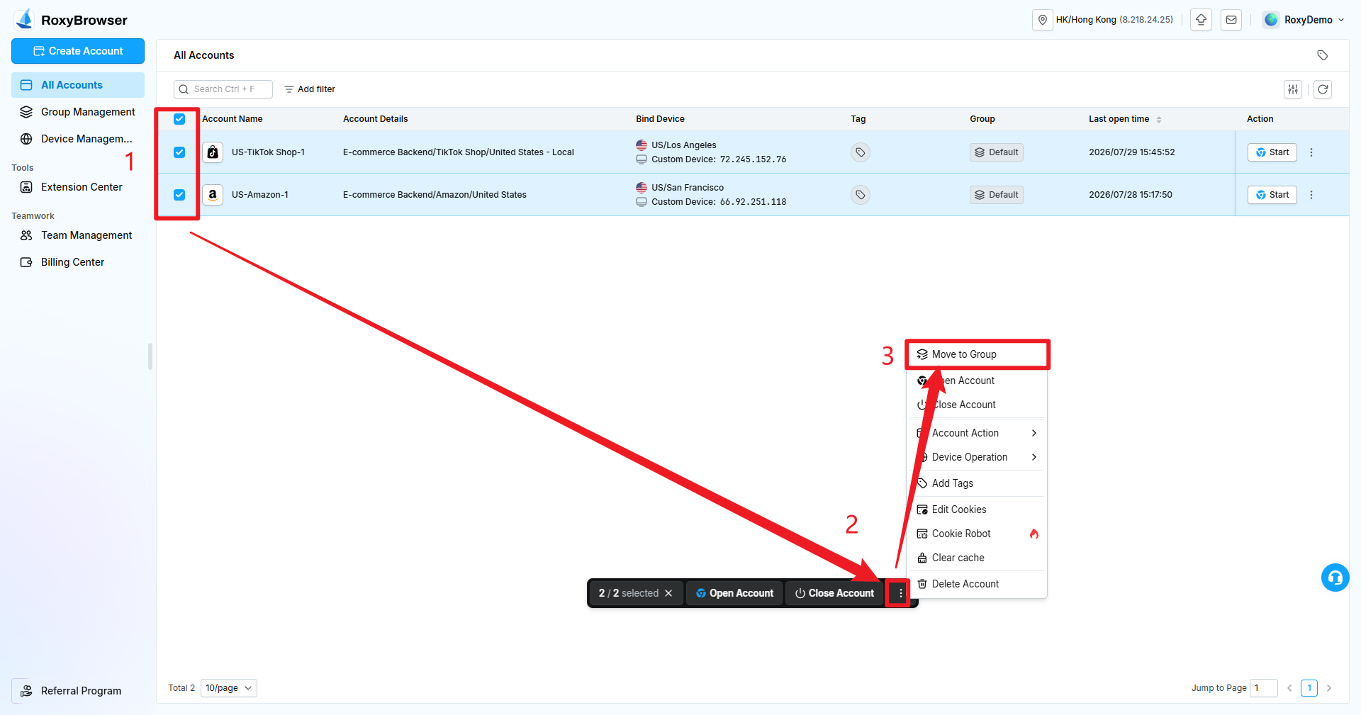 Moving selected accounts to a group