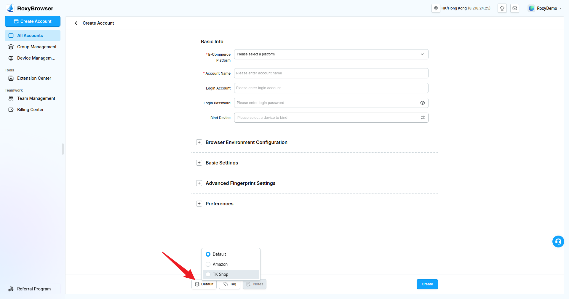 Selecting a group while creating an account