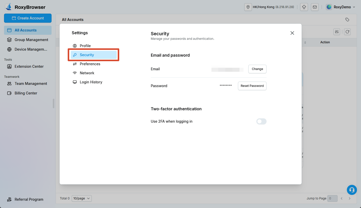 Email, password, and two-factor authentication settings