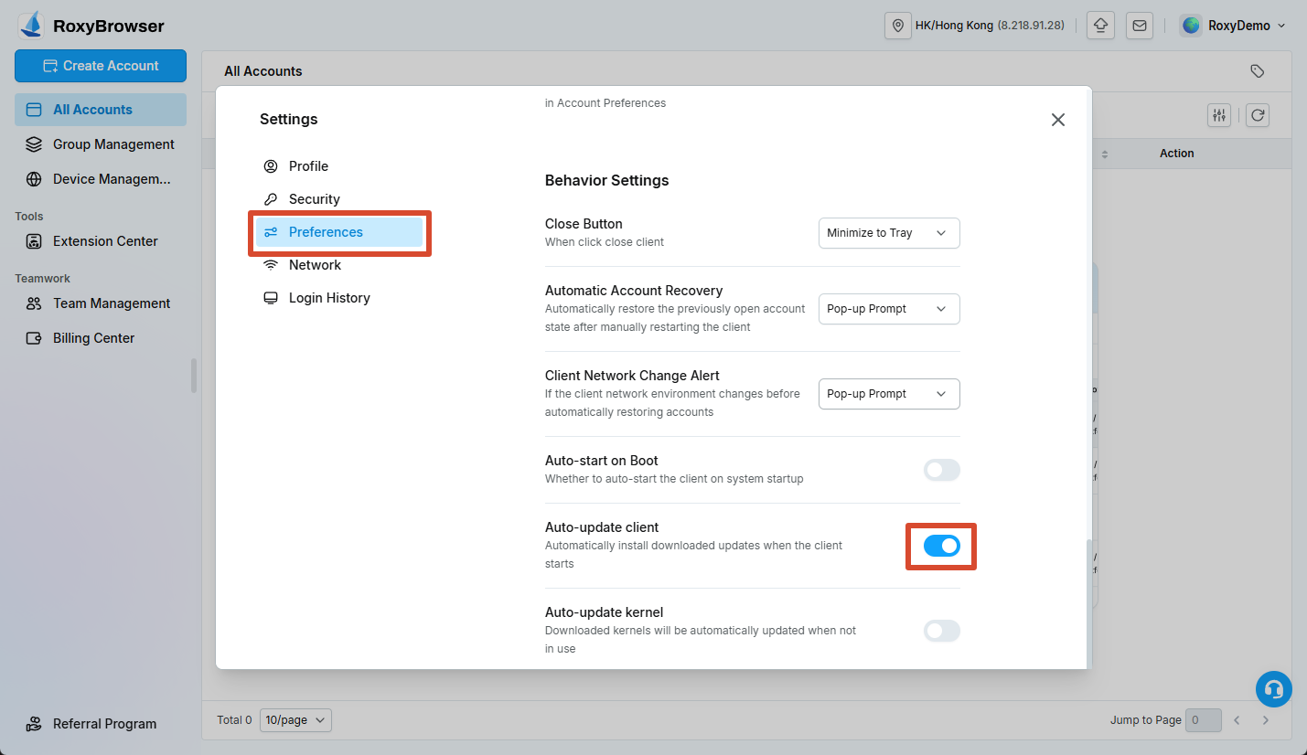 Close Button and Automatic Account Recovery settings
