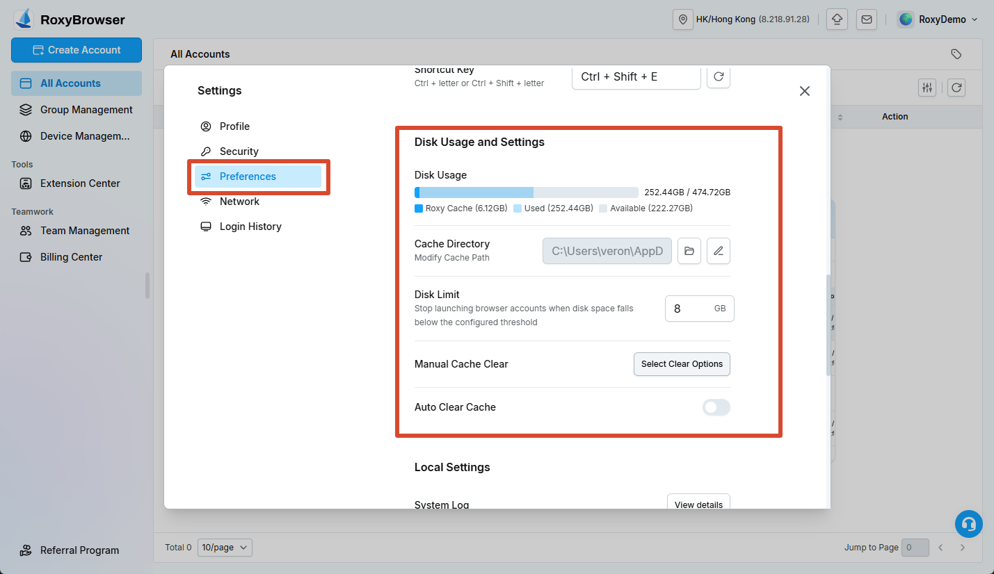 Disk Usage and Settings, Cache Directory, and cache clearing controls