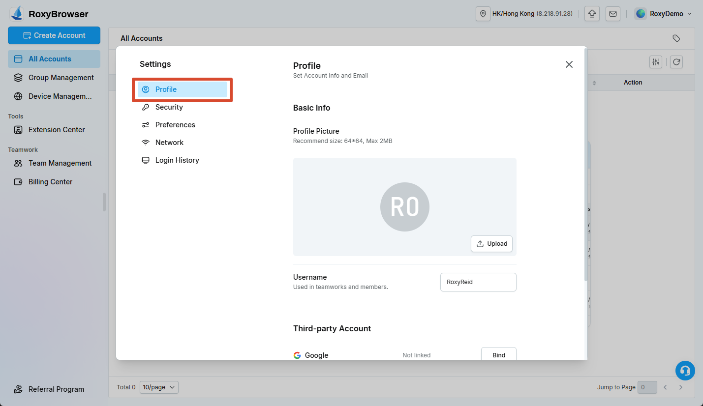 Profile picture and username settings