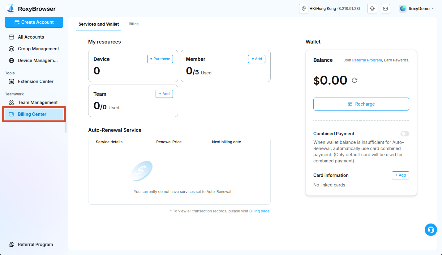 Device, Member, Team, and Wallet under Services and Wallet