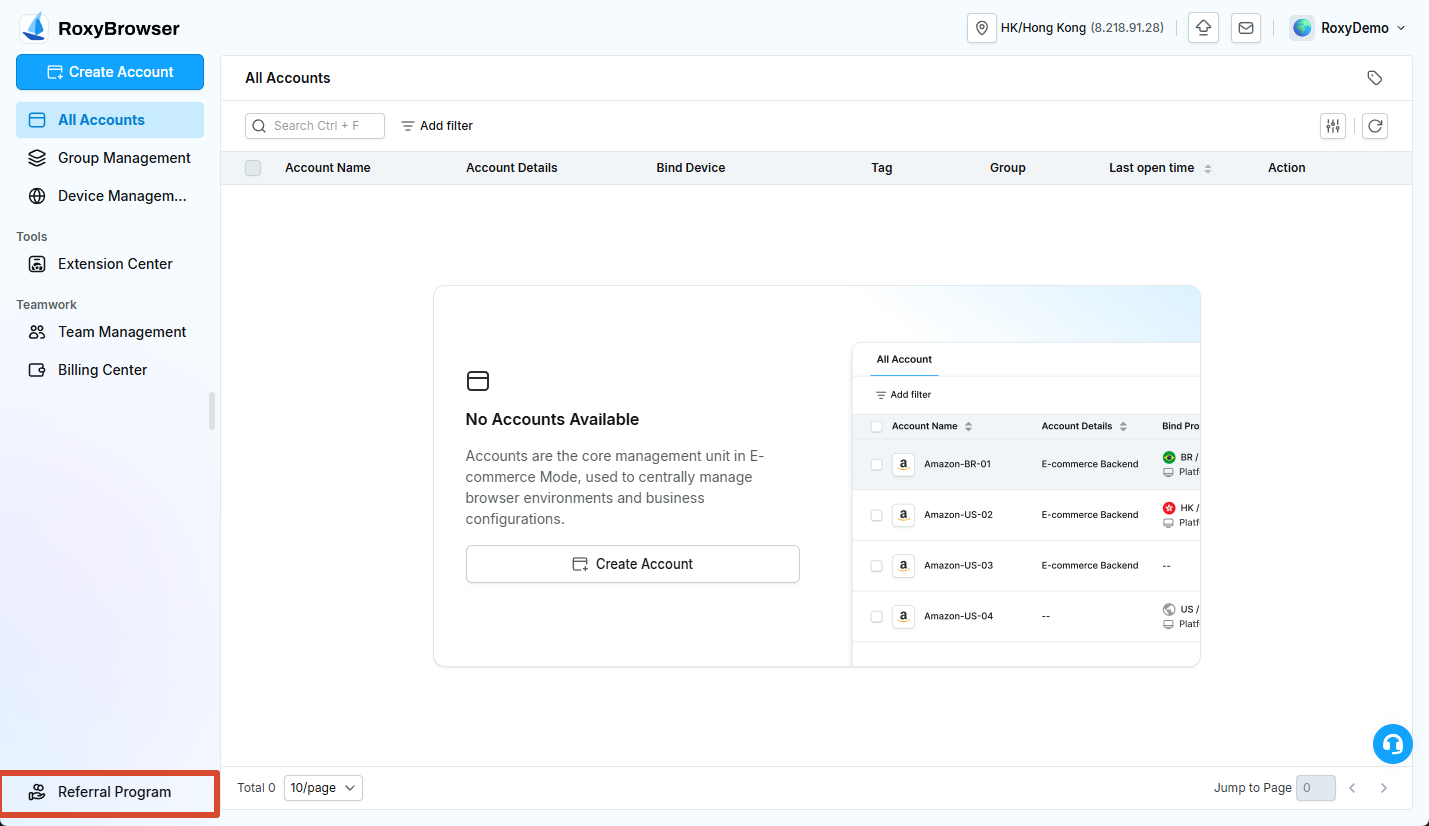 Referral Program entry in the lower-left corner