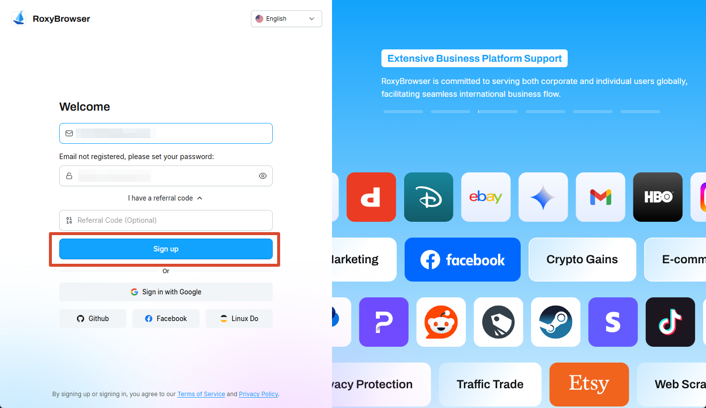 Password setup and Sign up button for email registration