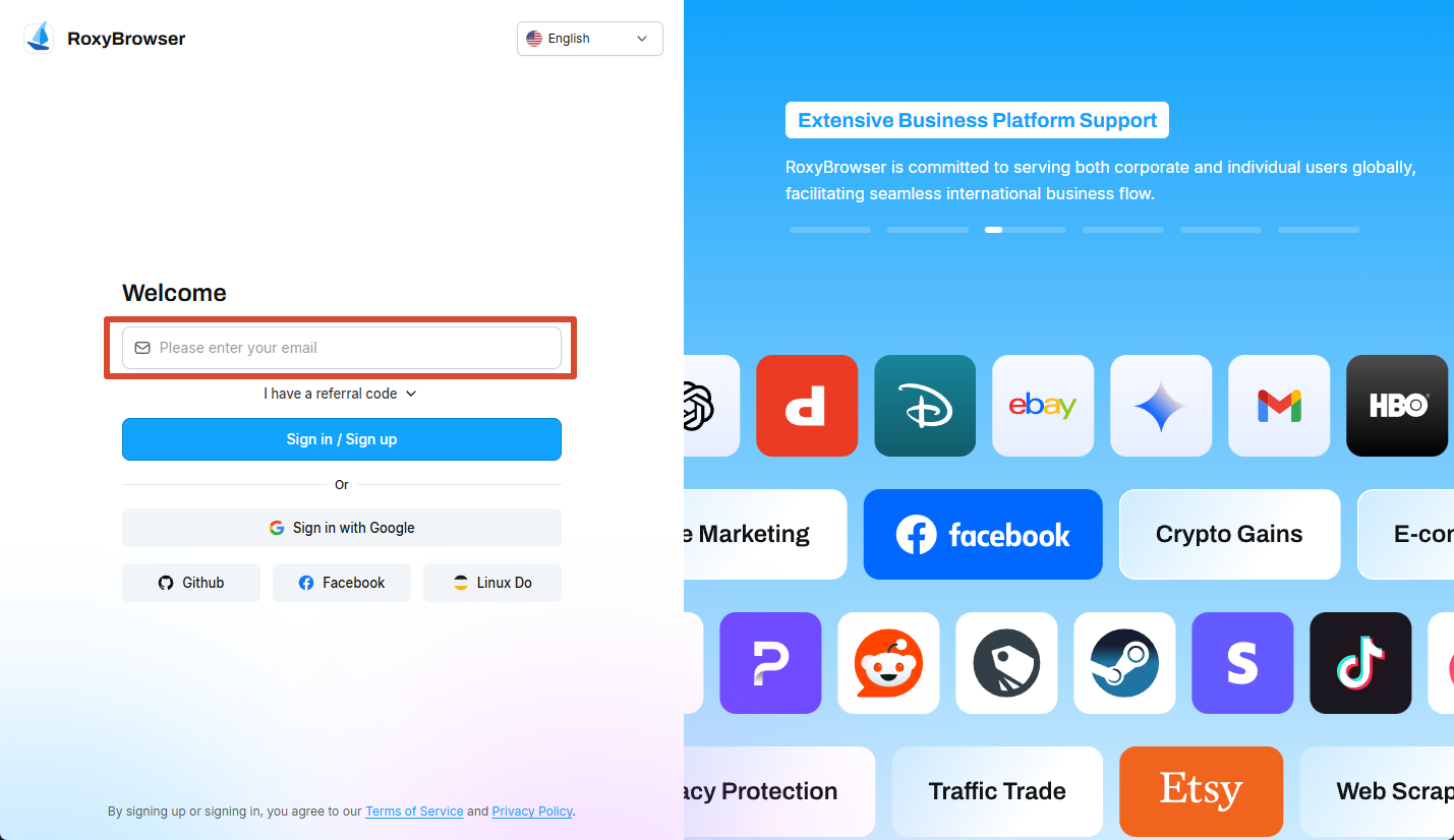 Email field and Sign in / Sign up button on the RoxyBrowser login page