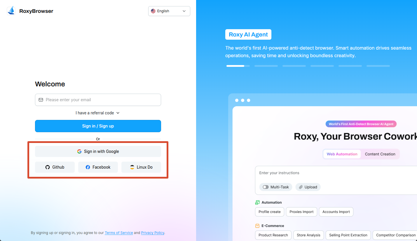 Third-party sign-in options on the RoxyBrowser login page