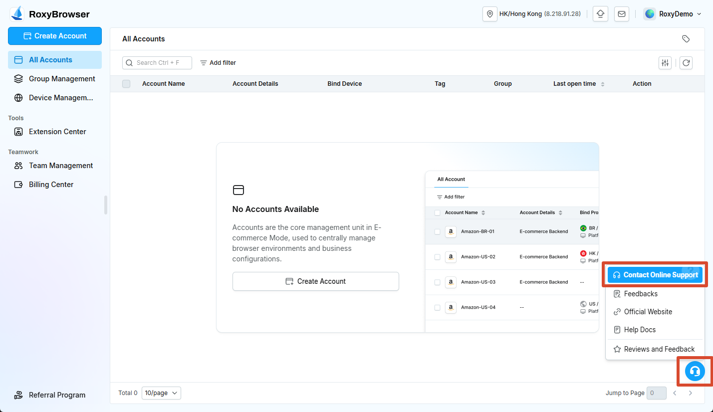 Contact Online Support entry in the lower-right menu