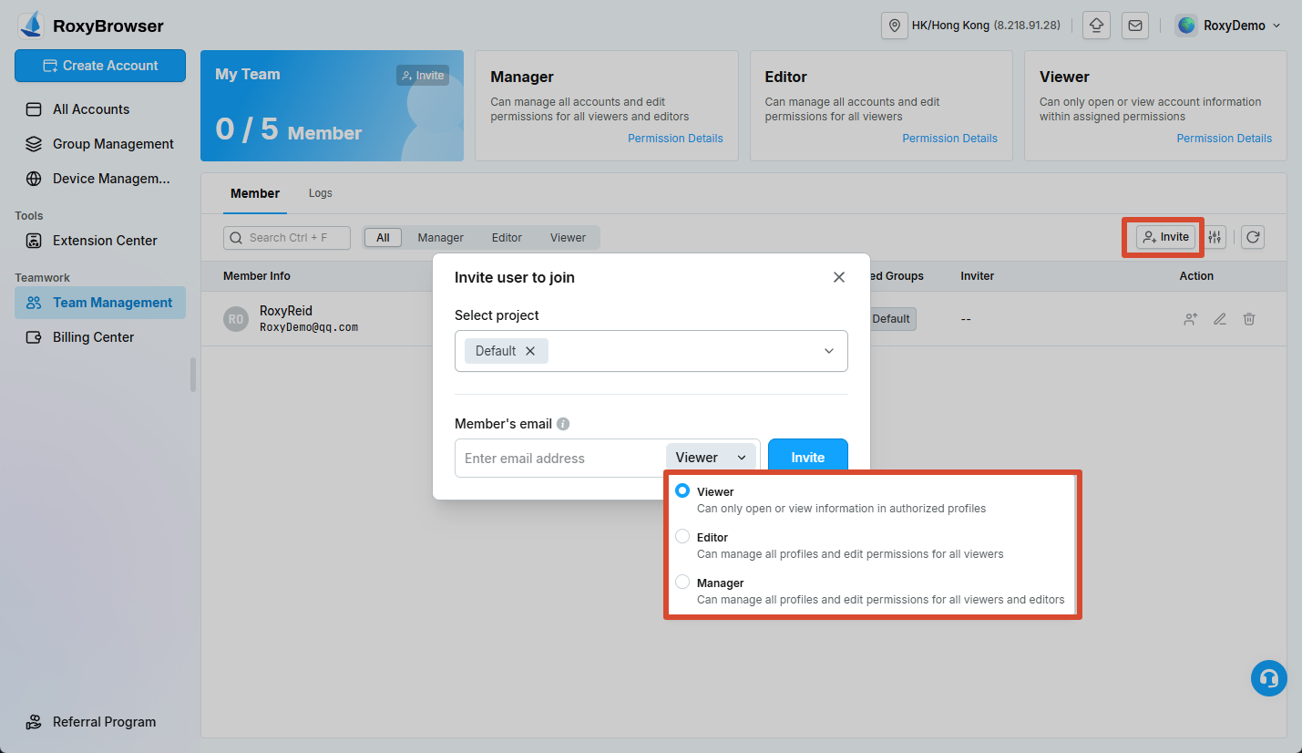Inviting a member and selecting a role